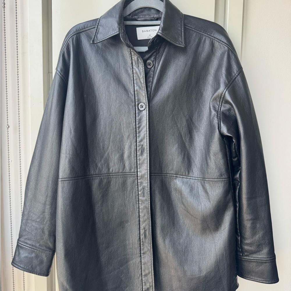Babaton Black Leather Jacket with Shirt Collar